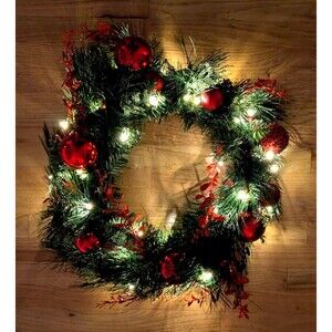 Christmas National Tree Chrisas Pre-Lit Battery White LED Red Mix 24" Wreath EUC